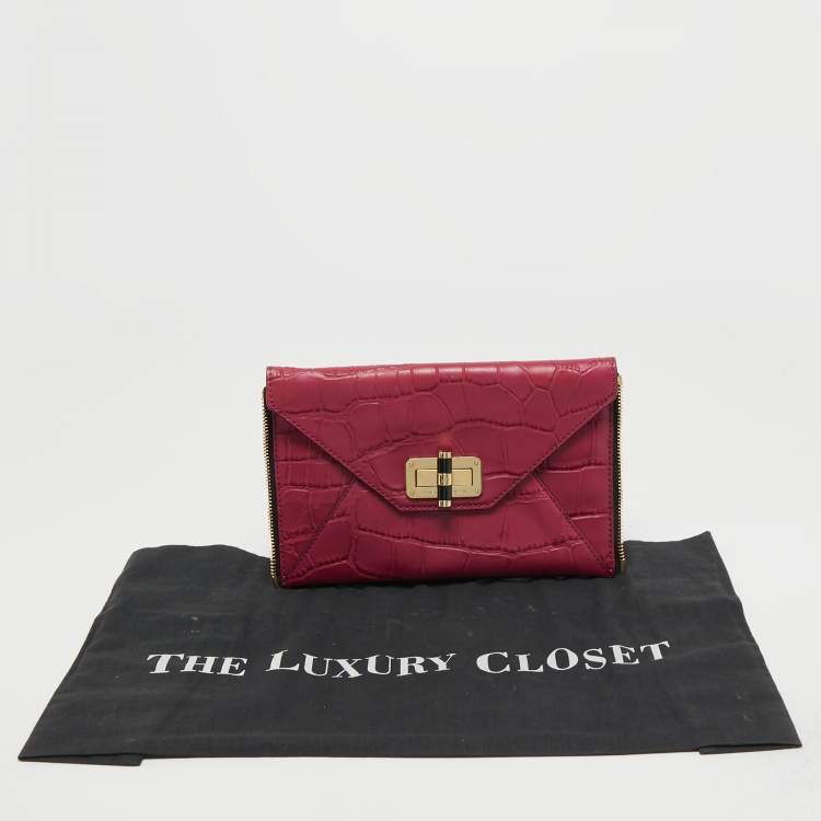 Pre Owned Diane Von Furstenberg Pink Croc Embossed Leather Secret Agent Clutch 