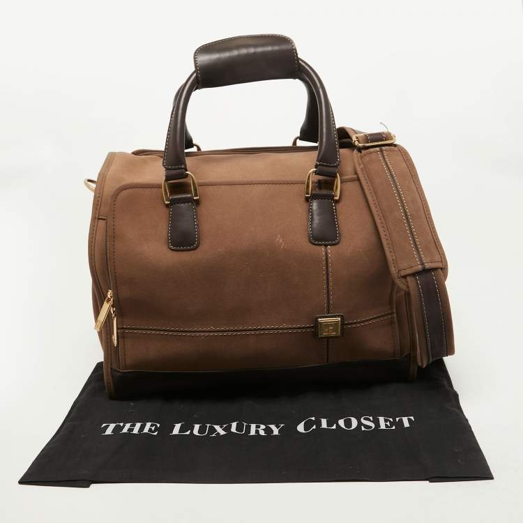 Pre Owned Diane Von Furstenberg Two Tone Brown Fabric and Leather Duffle Bag