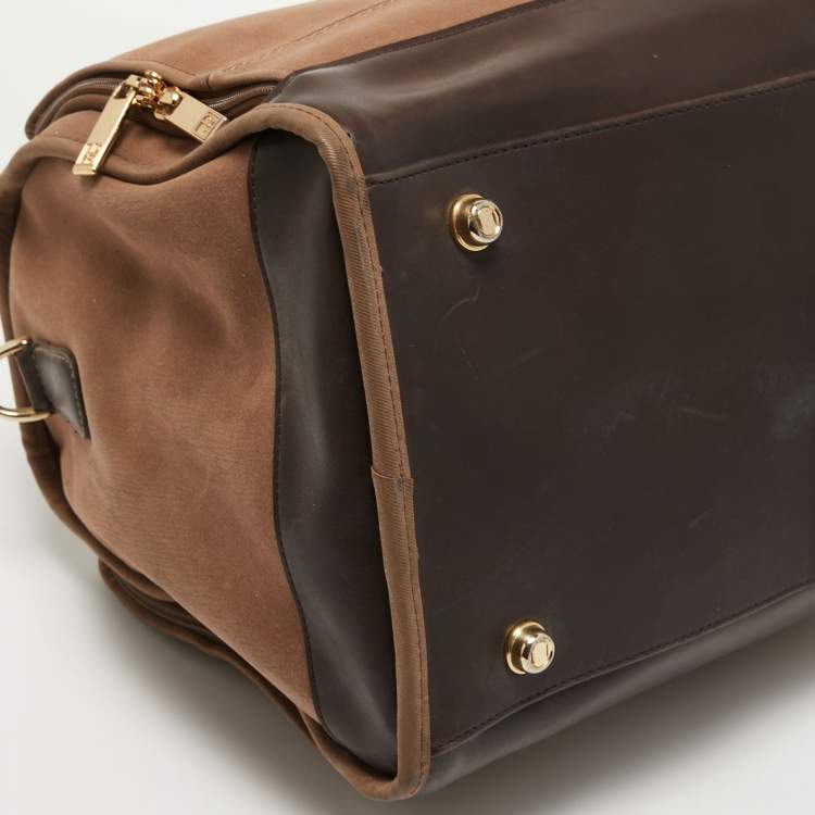 Pre Owned Diane Von Furstenberg Two Tone Brown Fabric and Leather Duffle Bag