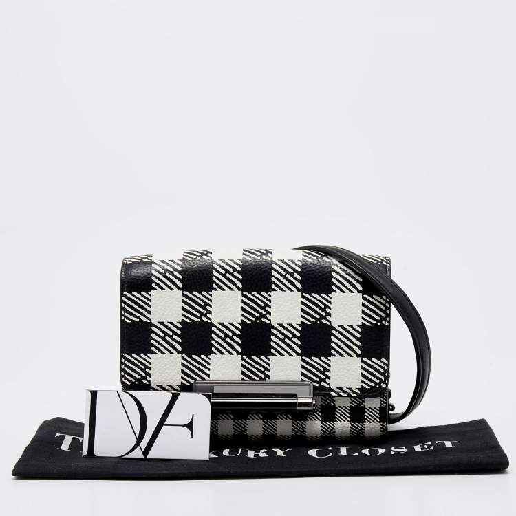 Pre Owned Diane Von Furstenberg Black/White Leather Micro Mini Gingham Shoulder Bag