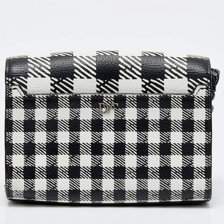 Pre Owned Diane Von Furstenberg Black/White Leather Micro Mini Gingham Shoulder Bag