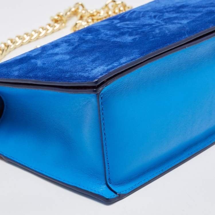 Pre Owned Diane Von Furstenberg Two Tone Blue Leather and Suede Soiree Top Handle Bag