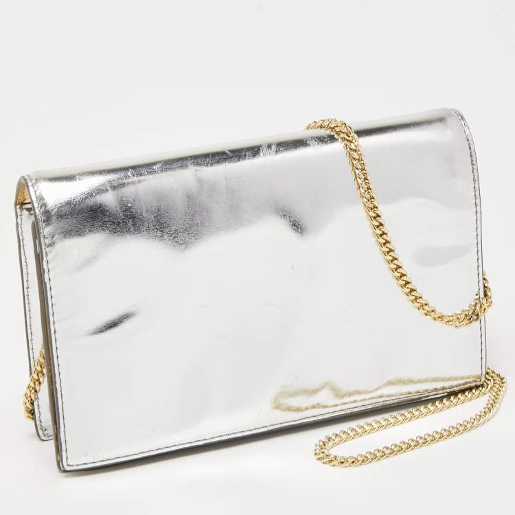Pre Owned Diane von Furstenberg Silver Laminated Leather Flap Chain Bag