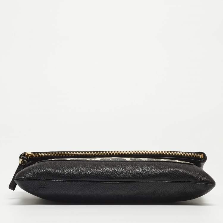 Pre Owned Diane Von Furstenberg Black Leopard Print Leather Fold Over Pouch