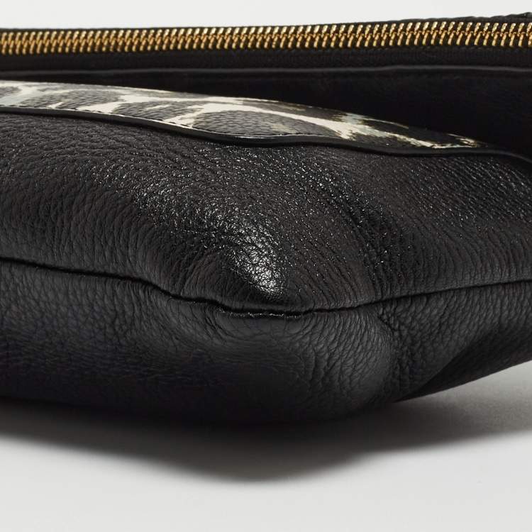 Pre Owned Diane Von Furstenberg Black Leopard Print Leather Fold Over Pouch