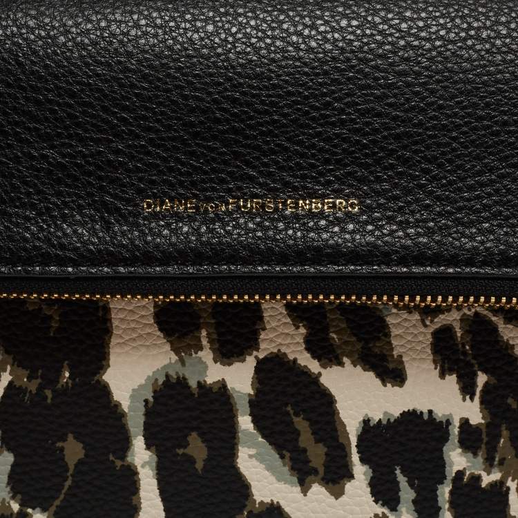 Pre Owned Diane Von Furstenberg Black Leopard Print Leather Fold Over Pouch