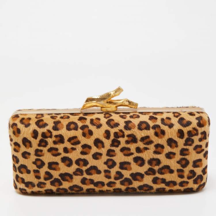 Pre Owned Diane Von Furstenberg Brown Leopard Print Calfhair Lytton Minaudiere Clutch