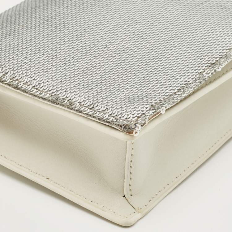 Pre Owned Diane Von Furstenberg Silver/White Sequins and Leather Flap Shoulder Bag