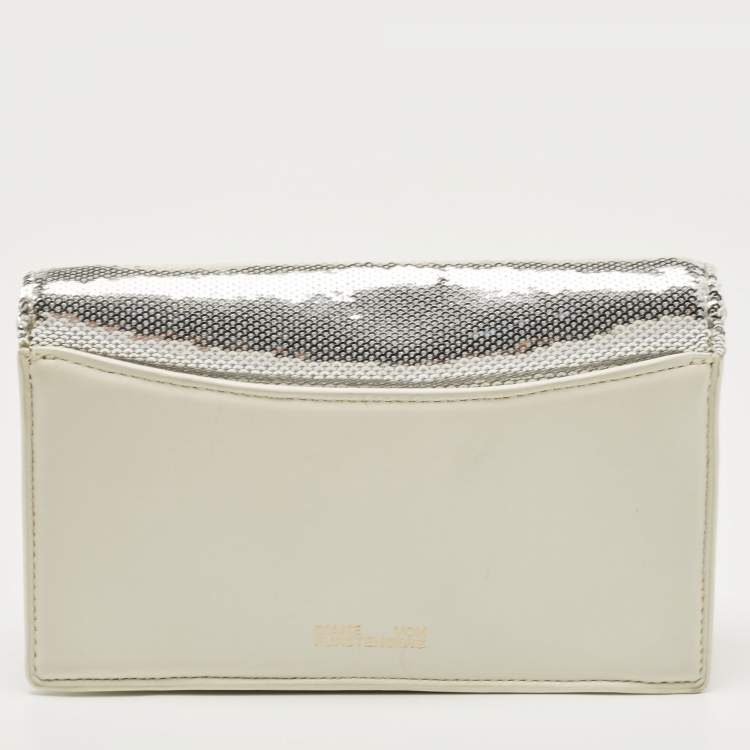 Pre Owned Diane Von Furstenberg Silver/White Sequins and Leather Flap Shoulder Bag