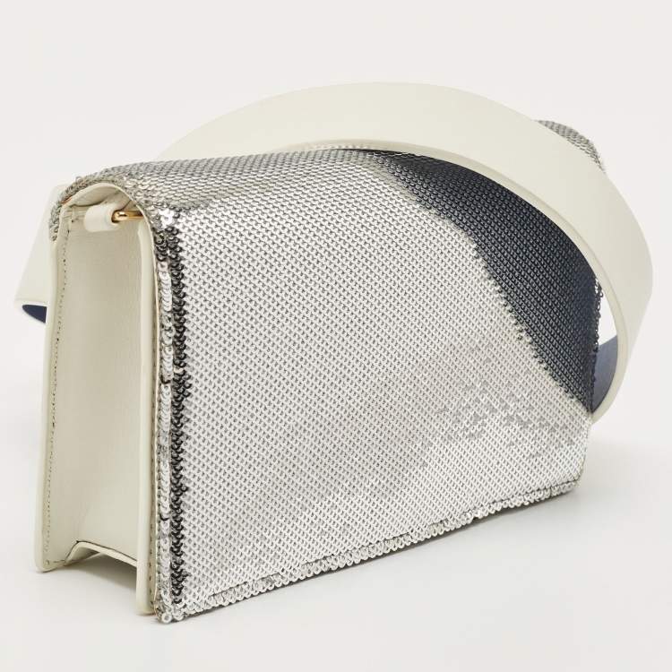 Pre Owned Diane Von Furstenberg Silver/White Sequins and Leather Flap Shoulder Bag