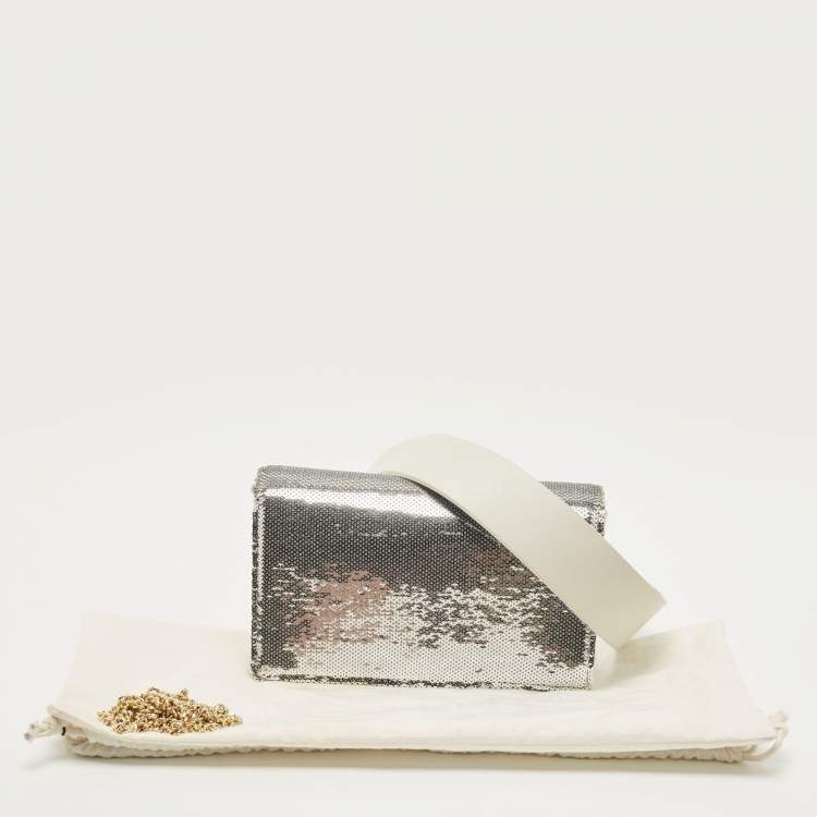 Pre Owned Diane Von Furstenberg Silver/White Sequins and Leather Flap Shoulder Bag
