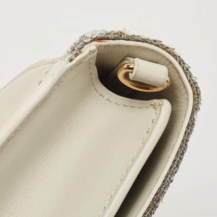 Pre Owned Diane Von Furstenberg Silver/White Sequins and Leather Flap Shoulder Bag
