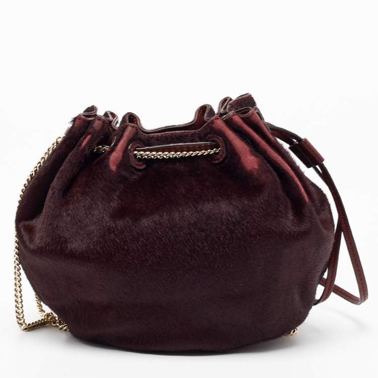 Pre Owned Diane Von Furstenberg Burgundy Calfhair and Leather Mini Love Power Drawstring Bucket Bag