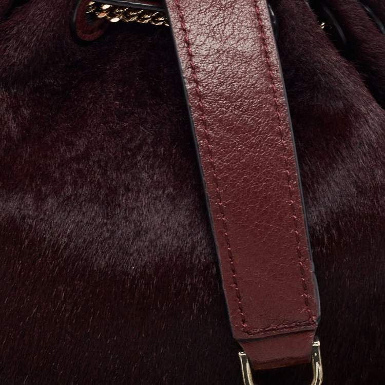 Pre Owned Diane Von Furstenberg Burgundy Calfhair and Leather Mini Love Power Drawstring Bucket Bag