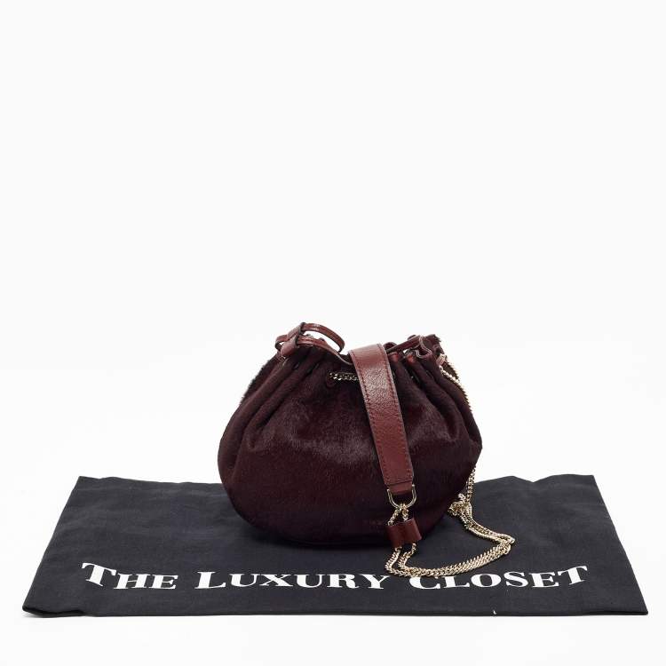 Pre Owned Diane Von Furstenberg Burgundy Calfhair and Leather Mini Love Power Drawstring Bucket Bag