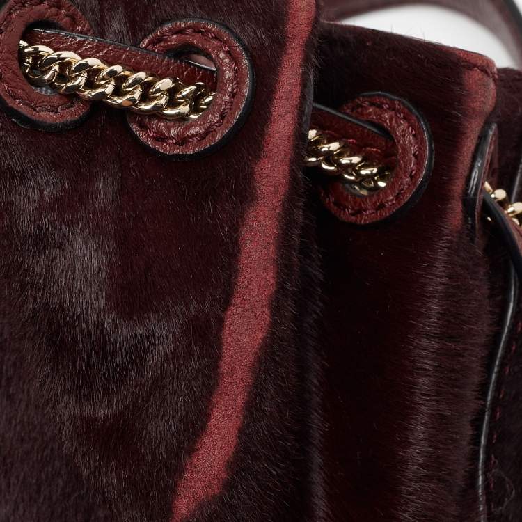 Pre Owned Diane Von Furstenberg Burgundy Calfhair and Leather Mini Love Power Drawstring Bucket Bag