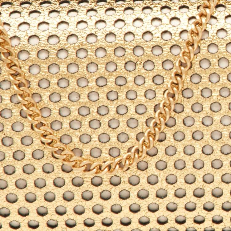Pre Owned Diane Von Furstenberg Gold Perforated Leather Box Chain Clutch