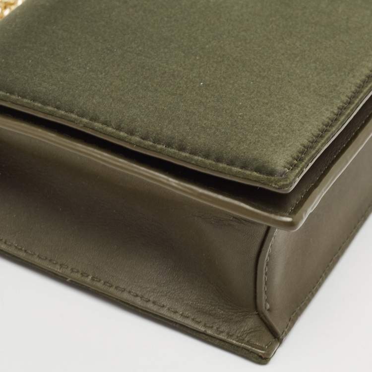 Pre Owned Diane Von Furstenberg Olive Green Satin and Leather Flap Chain Bag