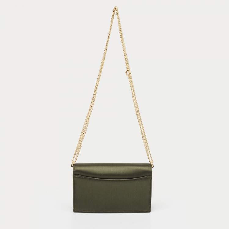 Pre Owned Diane Von Furstenberg Olive Green Satin and Leather Flap Chain Bag