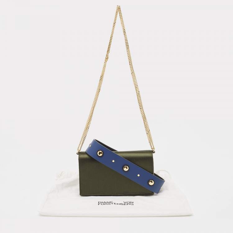Pre Owned Diane Von Furstenberg Olive Green Satin and Leather Flap Chain Bag
