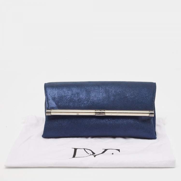 Pre Owned Diane Von Furstenberg Blue Glitter Suede Multicolor Leather Clutch
