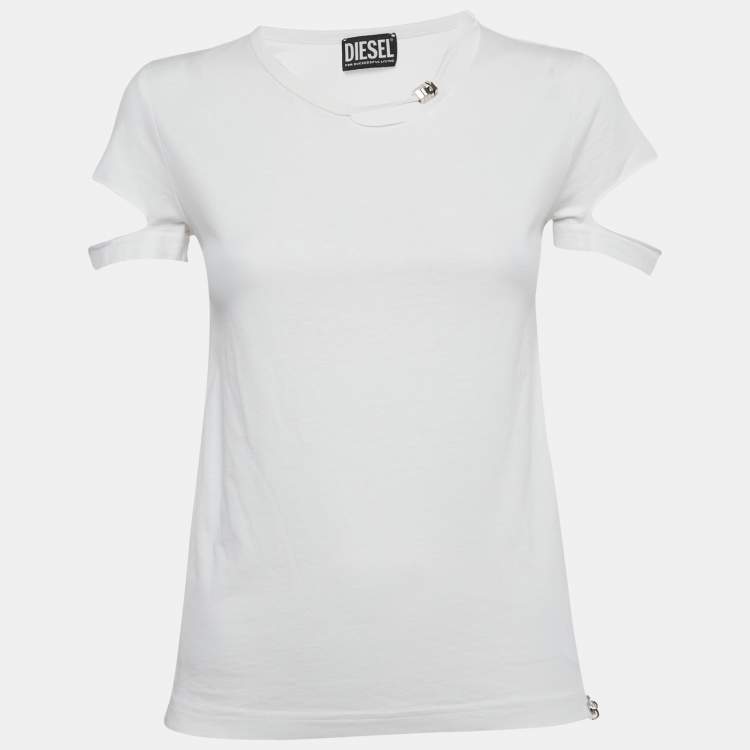 Pre Owned Diesel White Jersey Ripped Detail T-Shirt S