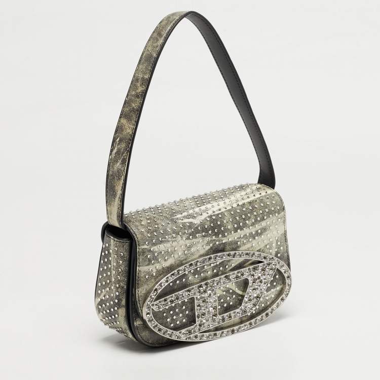 Pre Owned Diesel Crystal Embellished 1DR Olive Green/White Leather Shoulder Bag