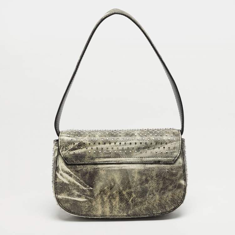 Pre Owned Diesel Crystal Embellished 1DR Olive Green/White Leather Shoulder Bag