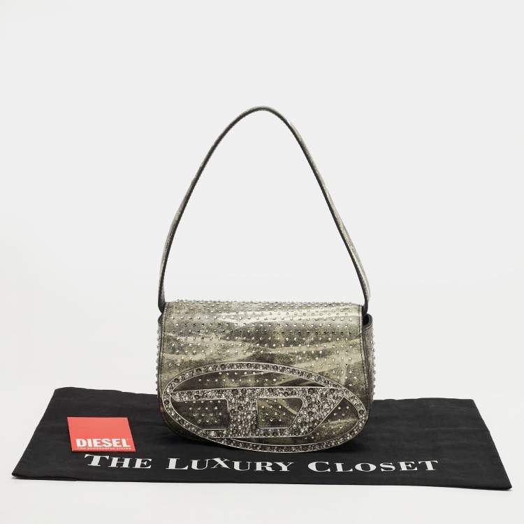 Pre Owned Diesel Crystal Embellished 1DR Olive Green/White Leather Shoulder Bag
