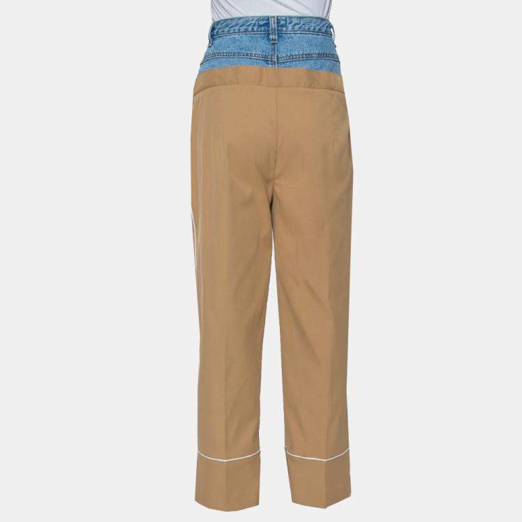 Pre Owned Dina Zaki Beige Synthetic Denim Mix Duel T Fashion Pants L