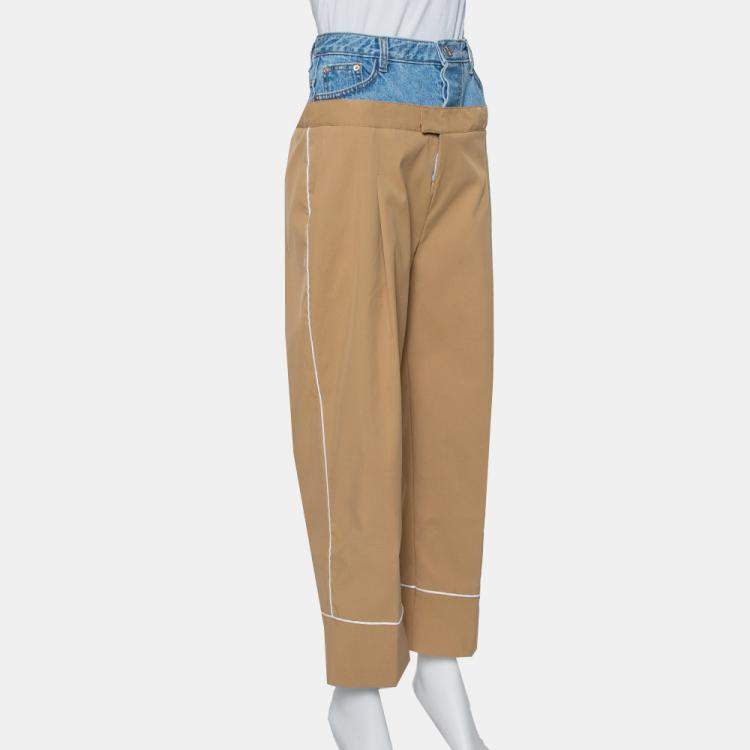 Pre Owned Dina Zaki Beige Synthetic Denim Mix Duel T Fashion Pants L