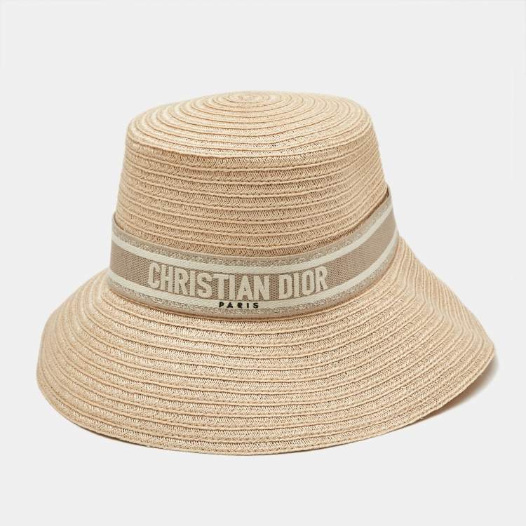 Pre Owned Christian Dior Beige Logo Detail Hemp Straw Dioresort Hat Size 58