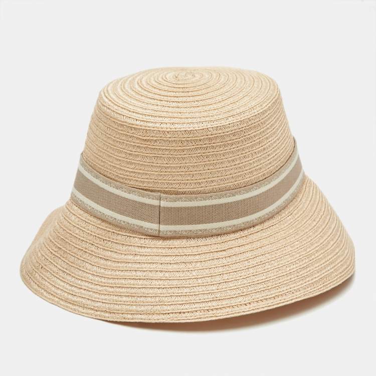 Pre Owned Christian Dior Beige Logo Detail Hemp Straw Dioresort Hat Size 58