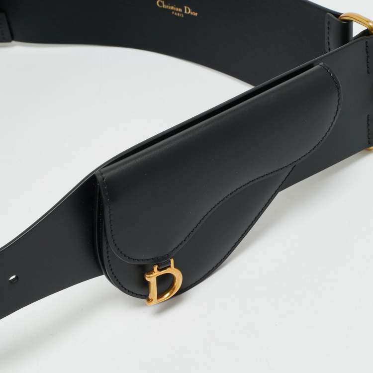 Pre Owned Dior Black Leather Saddle Pouch Waist Belt 85CM