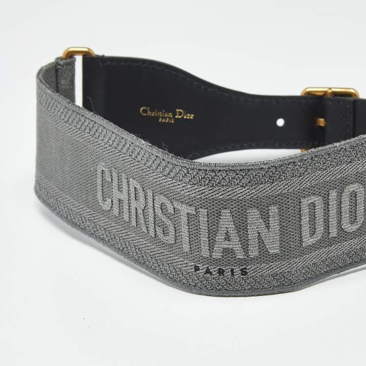 Pre Owned Dior Grey/Black Embroidered Canvas and Leather Waist Belt 75 CM