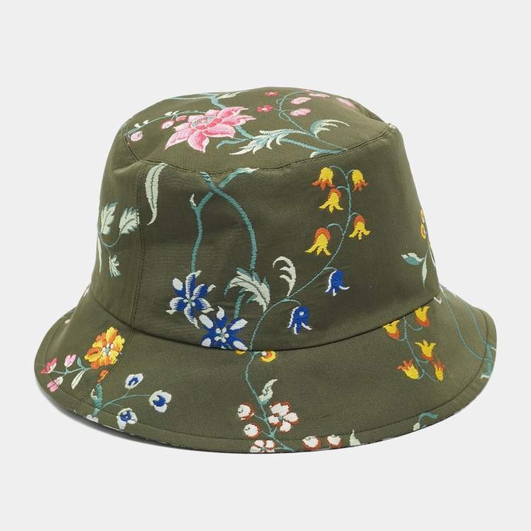 Pre Owned Christian Dior Green Teddy-d Dior Petites Fleurs Reversible Bucket Hat Size 57