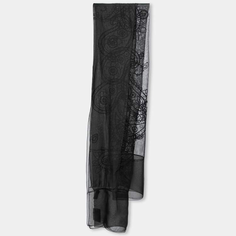 Pre Owned Dior Black Paisley Embroidered Silk & Tulle Scarf 