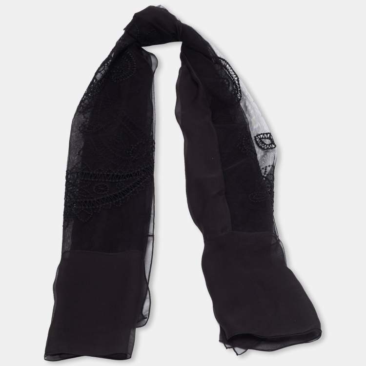 Pre Owned Dior Black Paisley Embroidered Silk & Tulle Scarf 