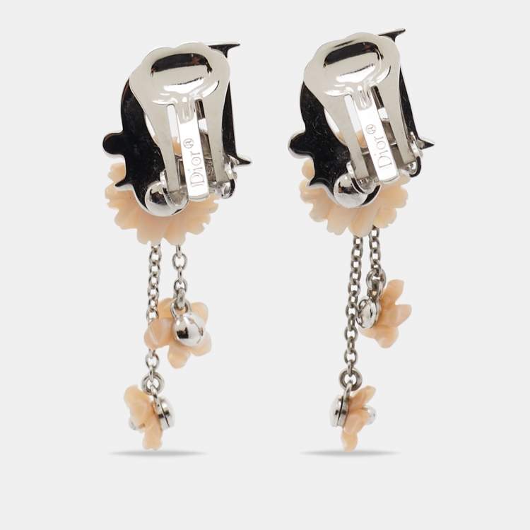 Pre Owned  Dior Floral Enamel Resin Crystals SIlver Tone Clip On Earrings