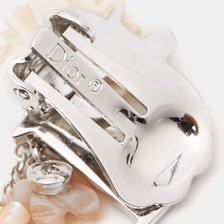 Pre Owned  Dior Floral Enamel Resin Crystals SIlver Tone Clip On Earrings