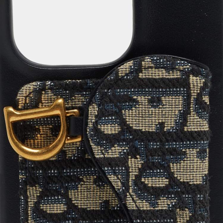Pre Owned Dior Navy Blue/Beige Oblique Jacquard and Leather Saddle iPhone 14 Pro Case