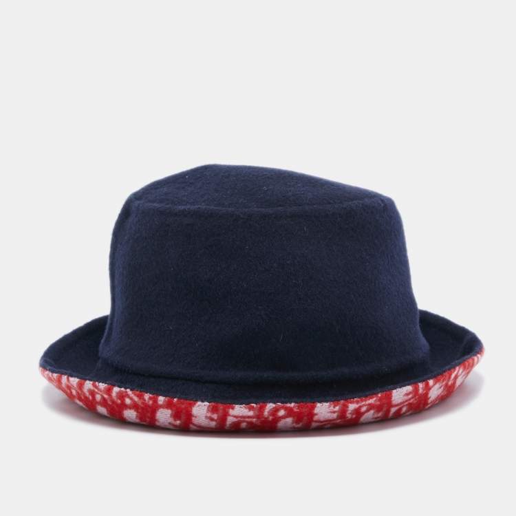 Pre Owned Dior Navy Blue/Red Oblique Wool Reversible Dior Chic Hat Size 57