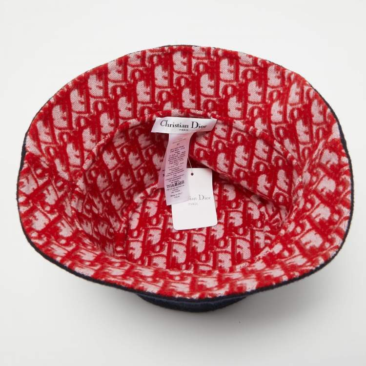 Pre Owned Dior Navy Blue/Red Oblique Wool Reversible Dior Chic Hat Size 57