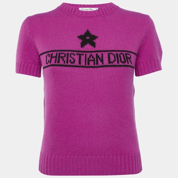 مملوكة مسبقًا Christian Dior Pink Logo Intarsia Cashmere Short Sleeve Sweater S