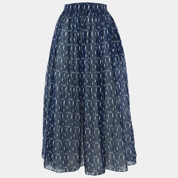 Pre Owned Christian Dior Navy Blue Logo Printed Cotton Midi Skirt M