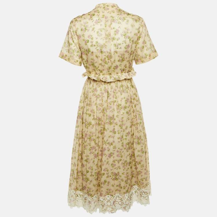 Pre Owned Dior Beige Floral Print Cotton Lace Trim Midi Dress M