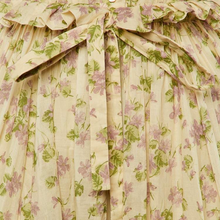 Pre Owned Dior Beige Floral Print Cotton Lace Trim Midi Dress M