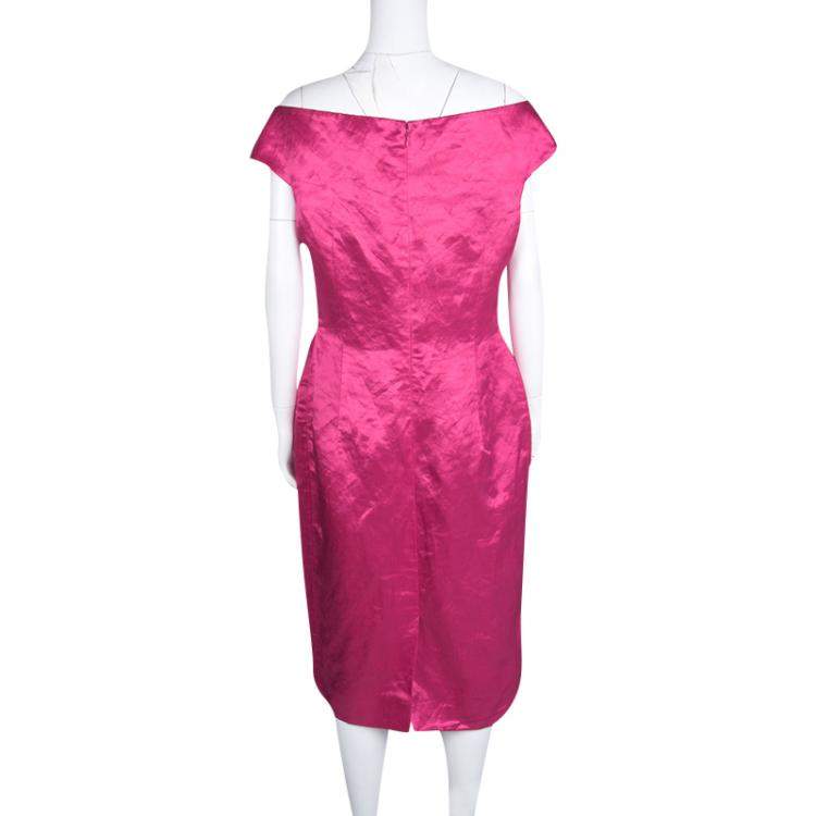 Pre Owned Dior Fuschia Pink Satin Boat Neck Sheath Dress XL
