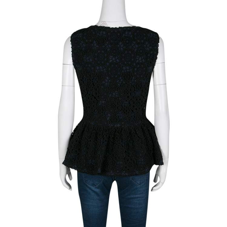 Pre Owned Dior Navy Blue and Black Floral Lace Overlay Sleeveless Peplum Top L