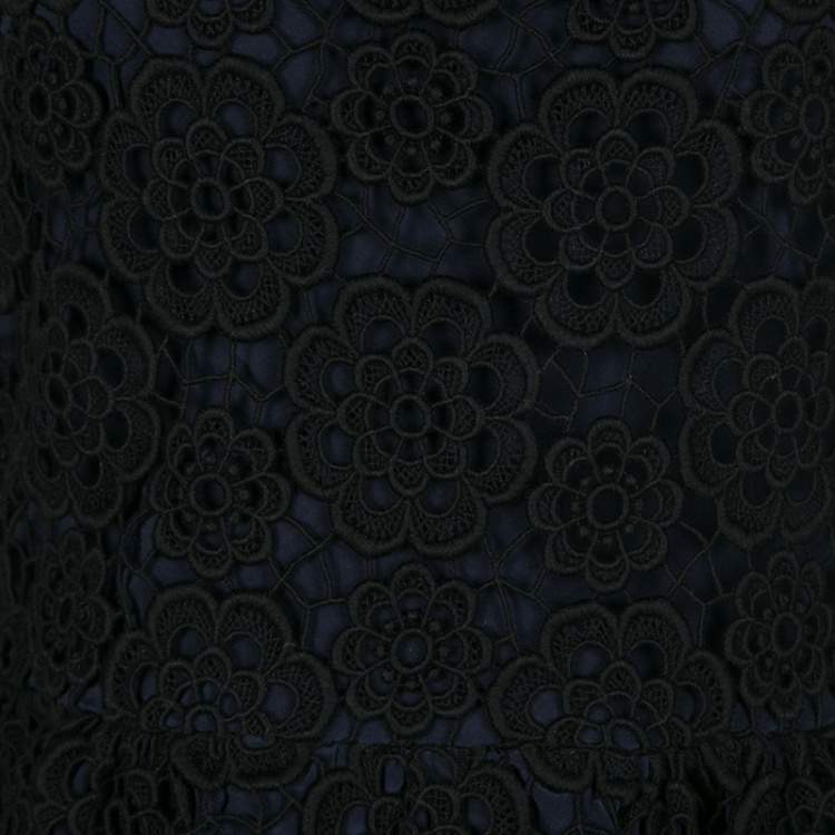 Pre Owned Dior Navy Blue and Black Floral Lace Overlay Sleeveless Peplum Top L